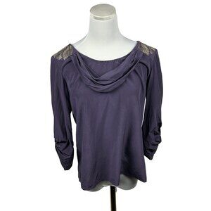 Tibi Blouse Women 4 100% Silk Roll Tab Sleeve Purple Embellished Beaded Feathers